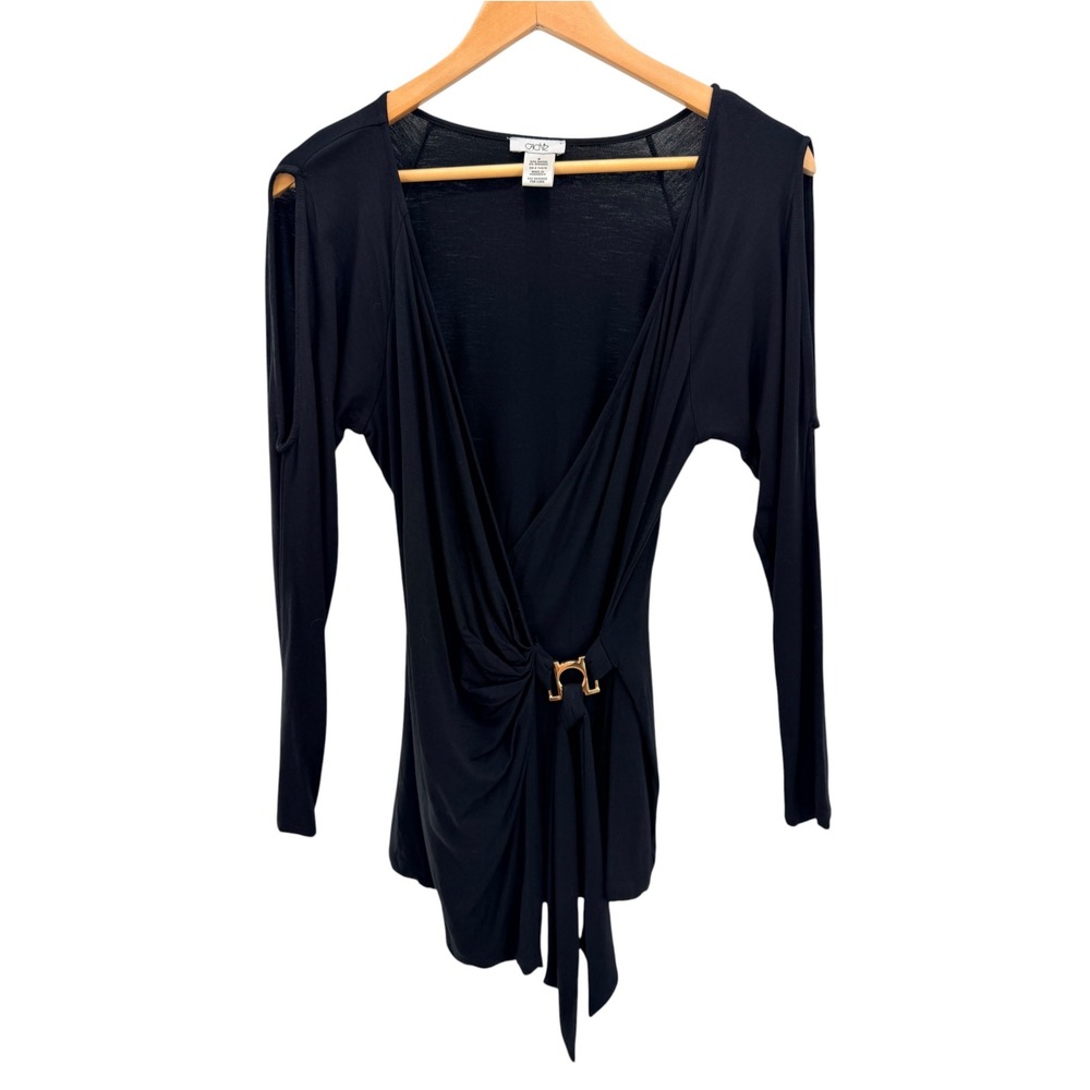 Cache Black Top M Cold Shoulder Open Sleeve Gold O-Ring Hardware Faux Wrap Y2K